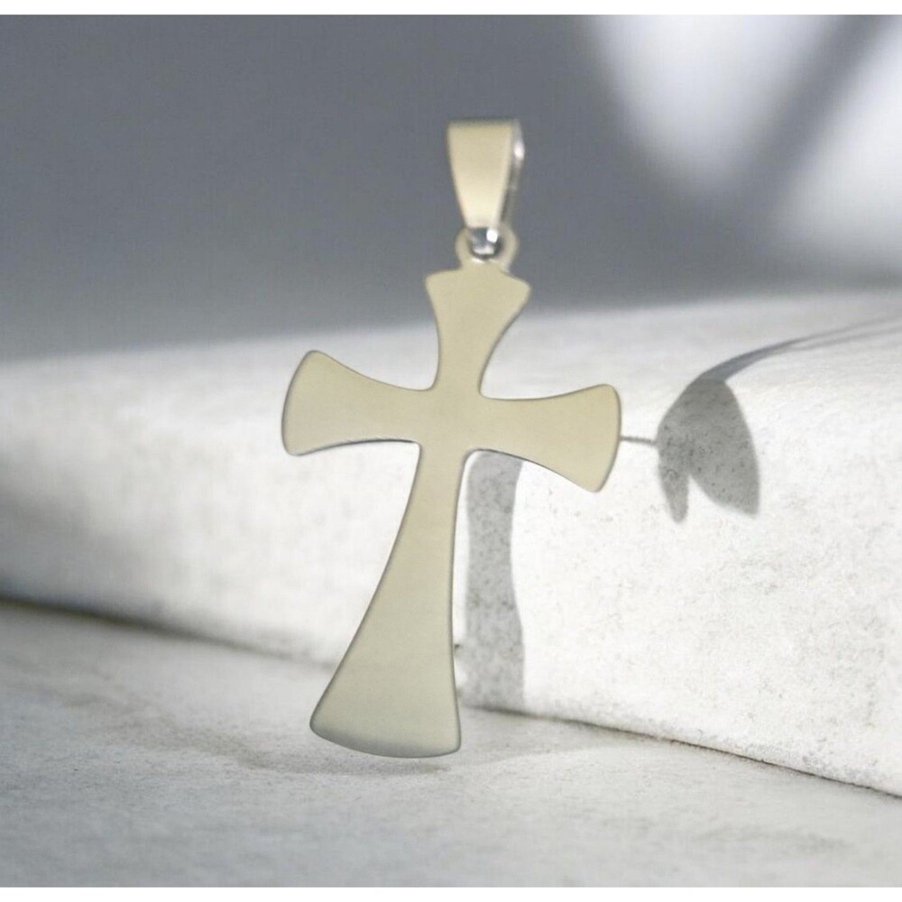 Brand New Unisex Stainless Steel Curved Cross Pendant - Silver Faith Charm